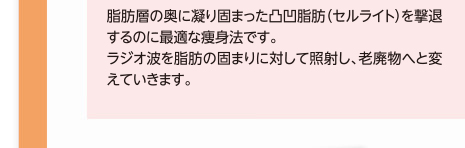 脂肪層の奥に凝り固まった凸凹脂肪（セルライト）を撃退するのに最適な痩身法です。ラジオ波を脂肪の固まりに対して照射しアプローチさせ、老廃物へと変えていきます。