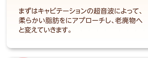まずはキャビテーションの超音波によって、柔らかい脂肪をアプローチさせ、老廃物へと変えていきます。