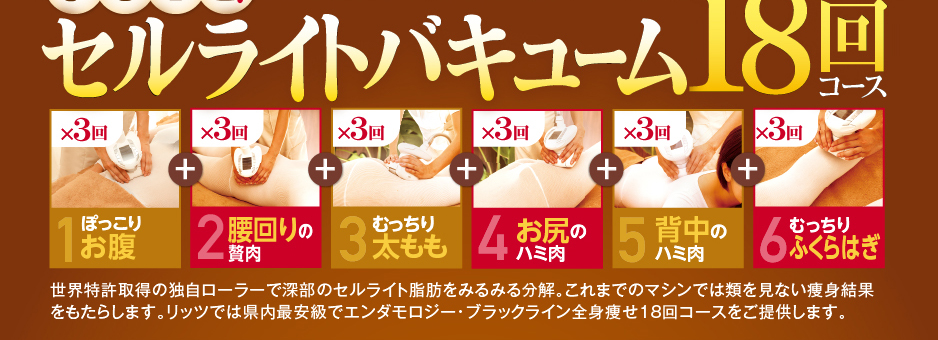 まるごと！全身痩せ6部位　世界特許取得の独自ローラーで深部のセルライト脂肪にアプローチ。これまでのマシンでは類を見ない痩身結果をもたらします。リッツでは県内最安級でエンダモロジーをご提供します。