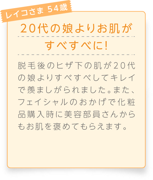 
								レイコさま 54歳

								20代の娘よりお肌がすべすべに！
								脱毛後のヒザ下の肌が20代の娘よりすべすべしてキレイで羨ましがられました。また、フェイシャルのおかげで化粧品購入時に美容部員さんからもお肌を褒めてもらえます。
							