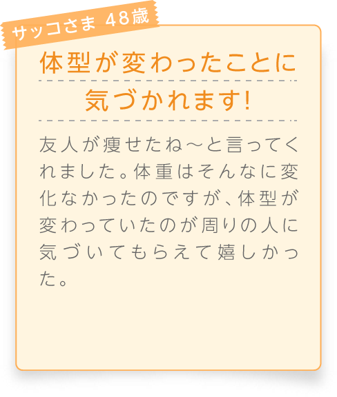 
								サッコさま 48歳

								体型が変わったことに気づかれます！
								友人が痩せたね〜と言ってくれました。体重はそんなに変化なかったのですが、体型が変わっていたのが周りの人に気づいてもらえて嬉しかった。
							