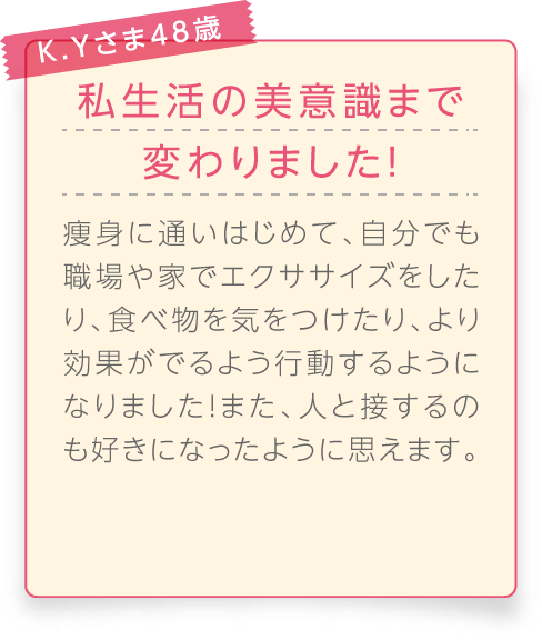 
								K.Yさま48歳

								私生活の美意識まで変わりました！
								痩身に通いはじめて、自分でも職場や家でエクササイズをしたり、食べ物を気をつけたり、より効果がでるよう行動するようになりました！また、人と接するのも好きになったように思えます。
							